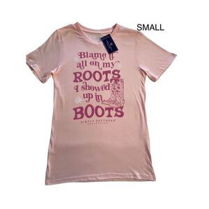 SIMPLY SOUTHERN SMALL “Blame it on My Roots I showed up in Boots” V-Neck TShirt